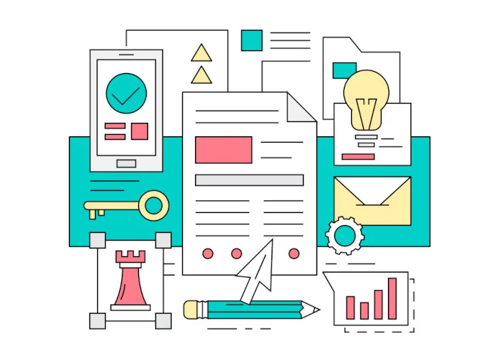 Flat design illustration showing documents, a smartphone with a checkmark, lightbulb, key, envelope, pencil, cursor, bar graph, gear, and a chess rook symbolizing business, productivity, and project management concepts.